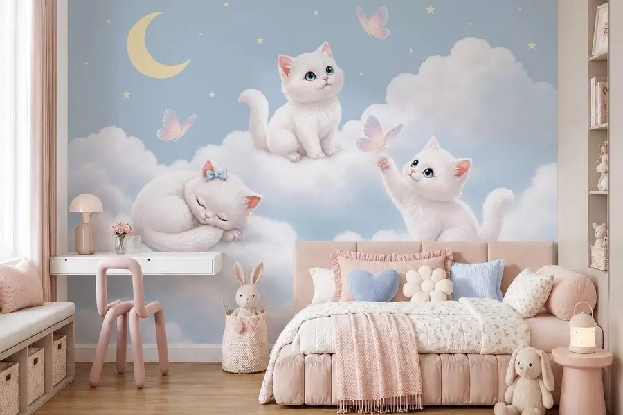wall murals Слатки мачићи са лептирићима међу облацима w05841