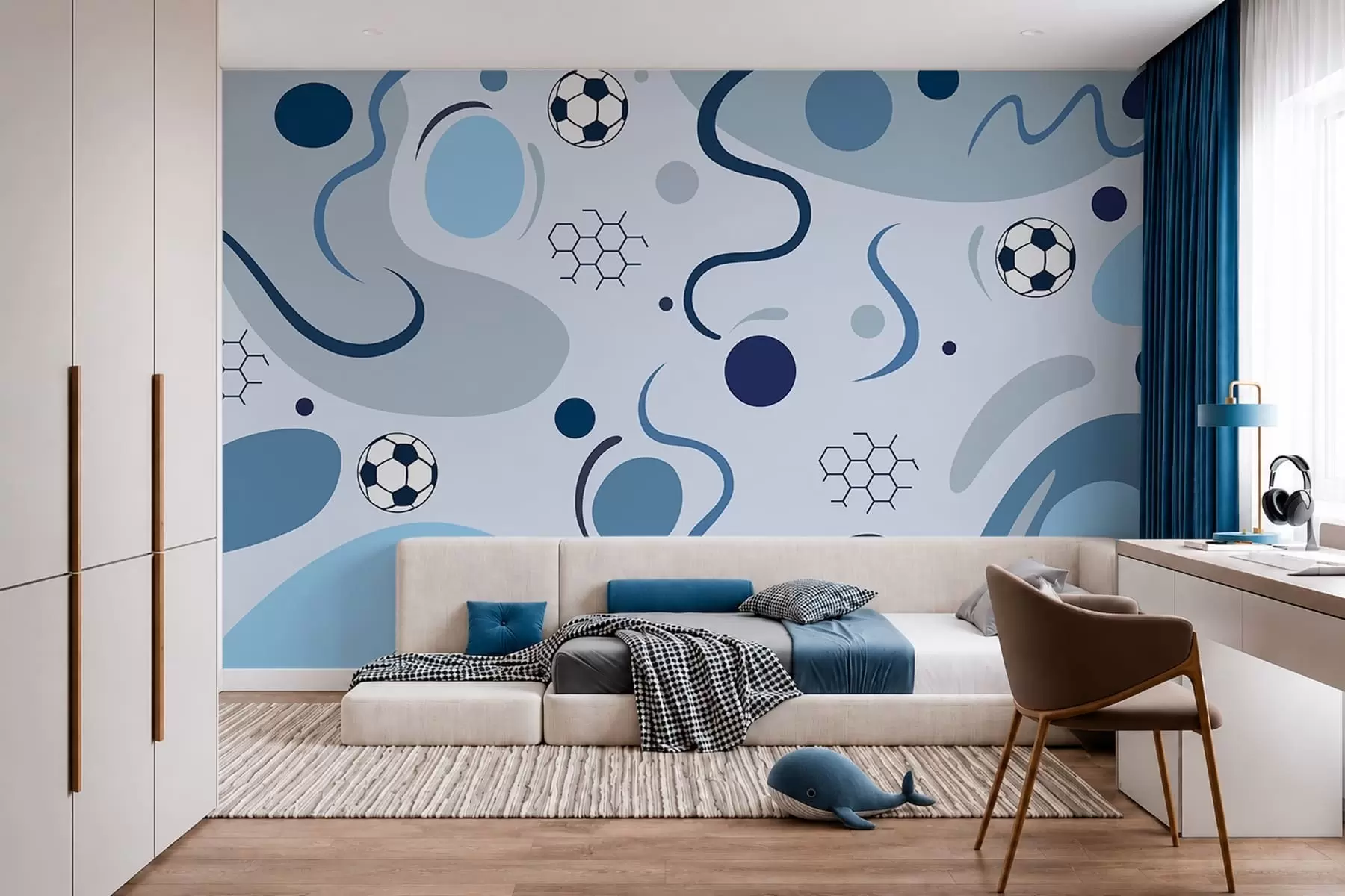 wall murals Шарени апстрактни облици, фудбалске лопте и дијаграми w05142