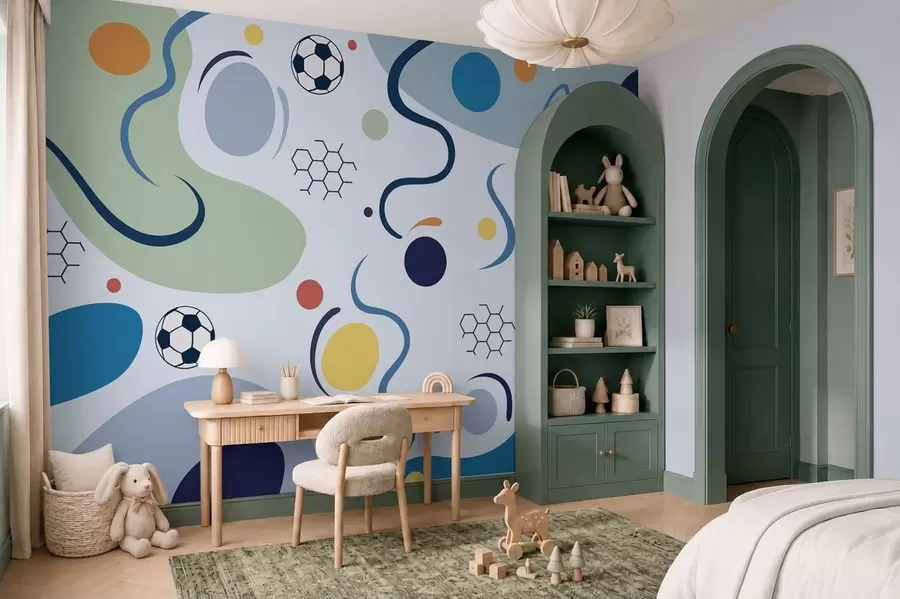 wall murals Шарени апстрактни облици, фудбалске лопте и линије w05142v1
