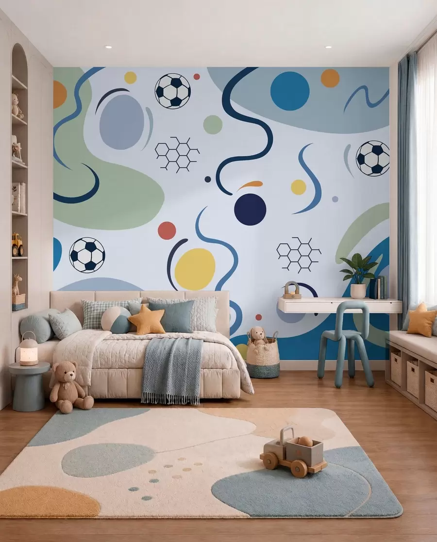 wall murals Шарени апстрактни облици, фудбалске лопте и линије w05142v1
