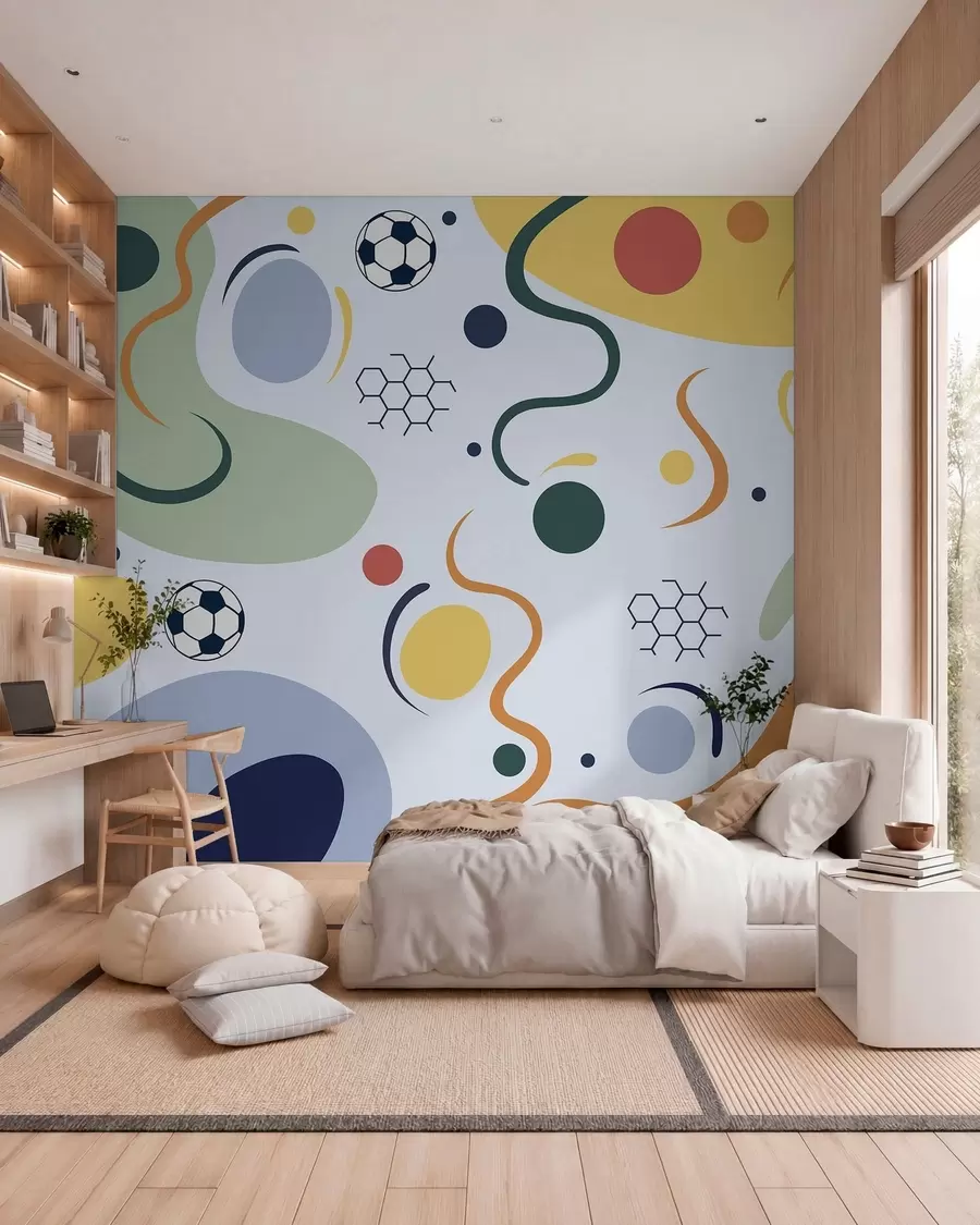 wall murals Апстрактни облици, фудбалске лопте, линије и кругови w05142v2
