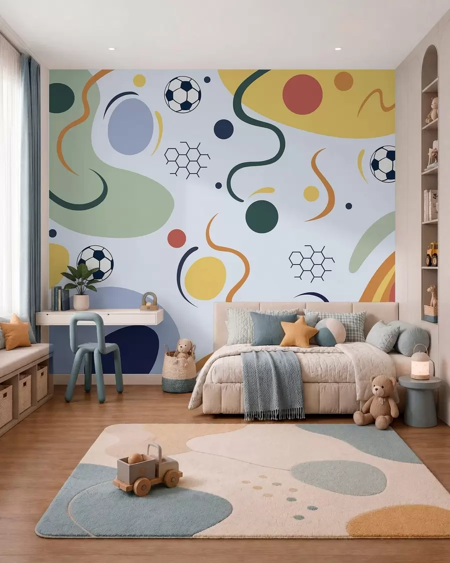 wall murals Апстрактни облици, фудбалске лопте, линије и кругови w05142v2