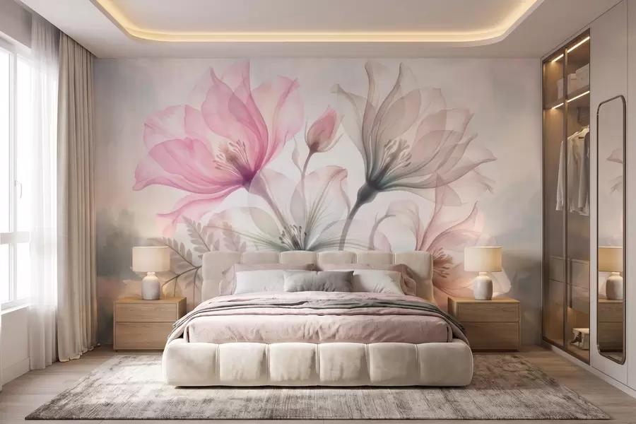 wall murals Нежно цвеће у пастелним ружичастим и плавим тоновима, у стилу акварела w10009