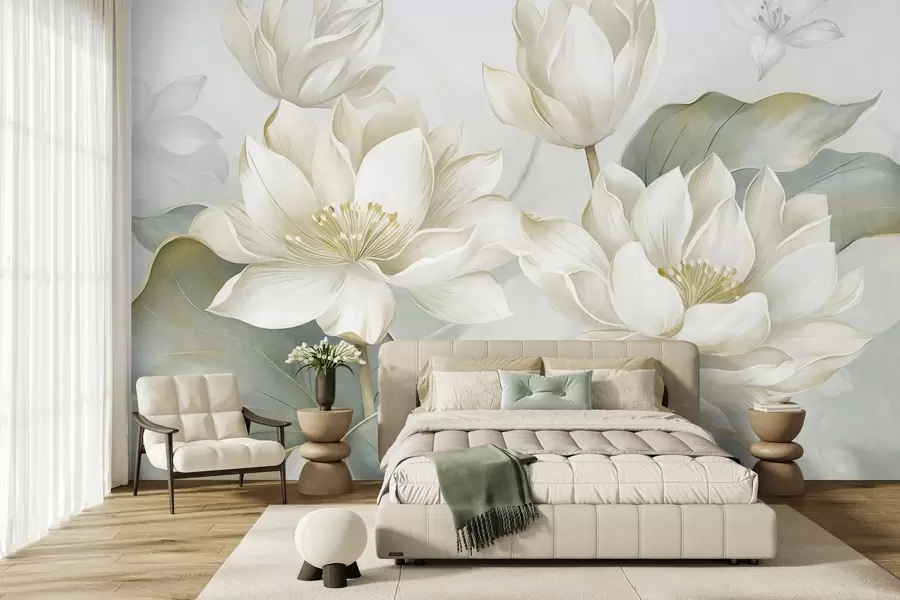wall murals Текстурирани лотосови цветови са нежним латицама, великим, пригушеним зеленим листовима w10027