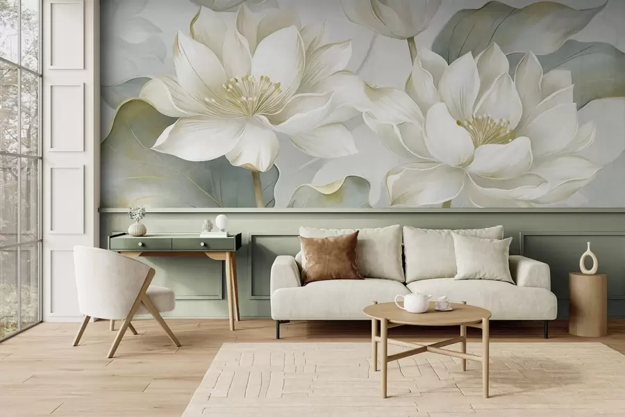 wall murals Текстурирани лотосови цветови са нежним латицама, великим, пригушеним зеленим листовима w10027