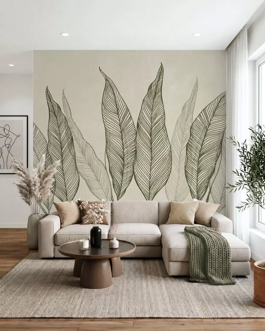 wall murals Стилизовано зелено лишће са замршеним линијским детаљима на беж позадини, текстурирана уметност w10030