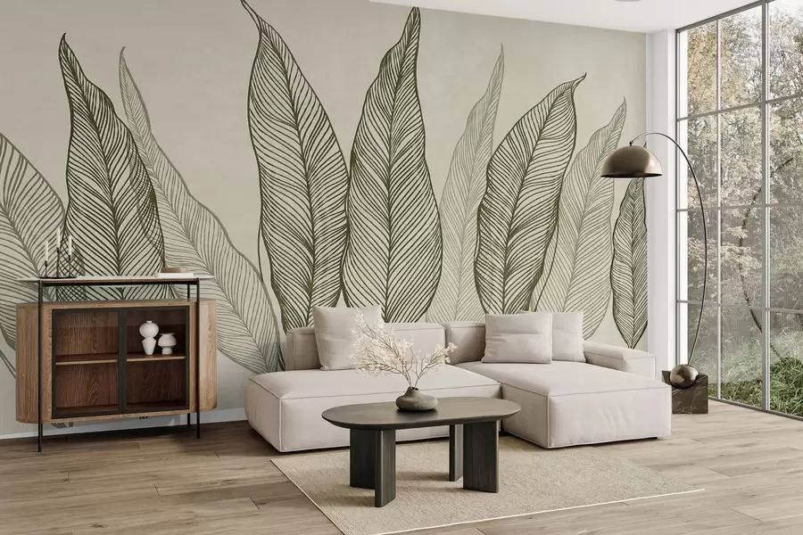 wall murals Стилизовано зелено лишће са замршеним линијским детаљима на беж позадини, текстурирана уметност w10030