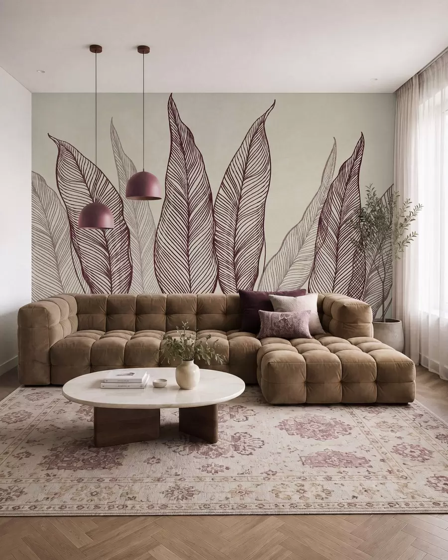 wall murals Стилизовани бордо листови са замршеним линијским детаљима на беж позадини, текстурирана уметност w10030v1