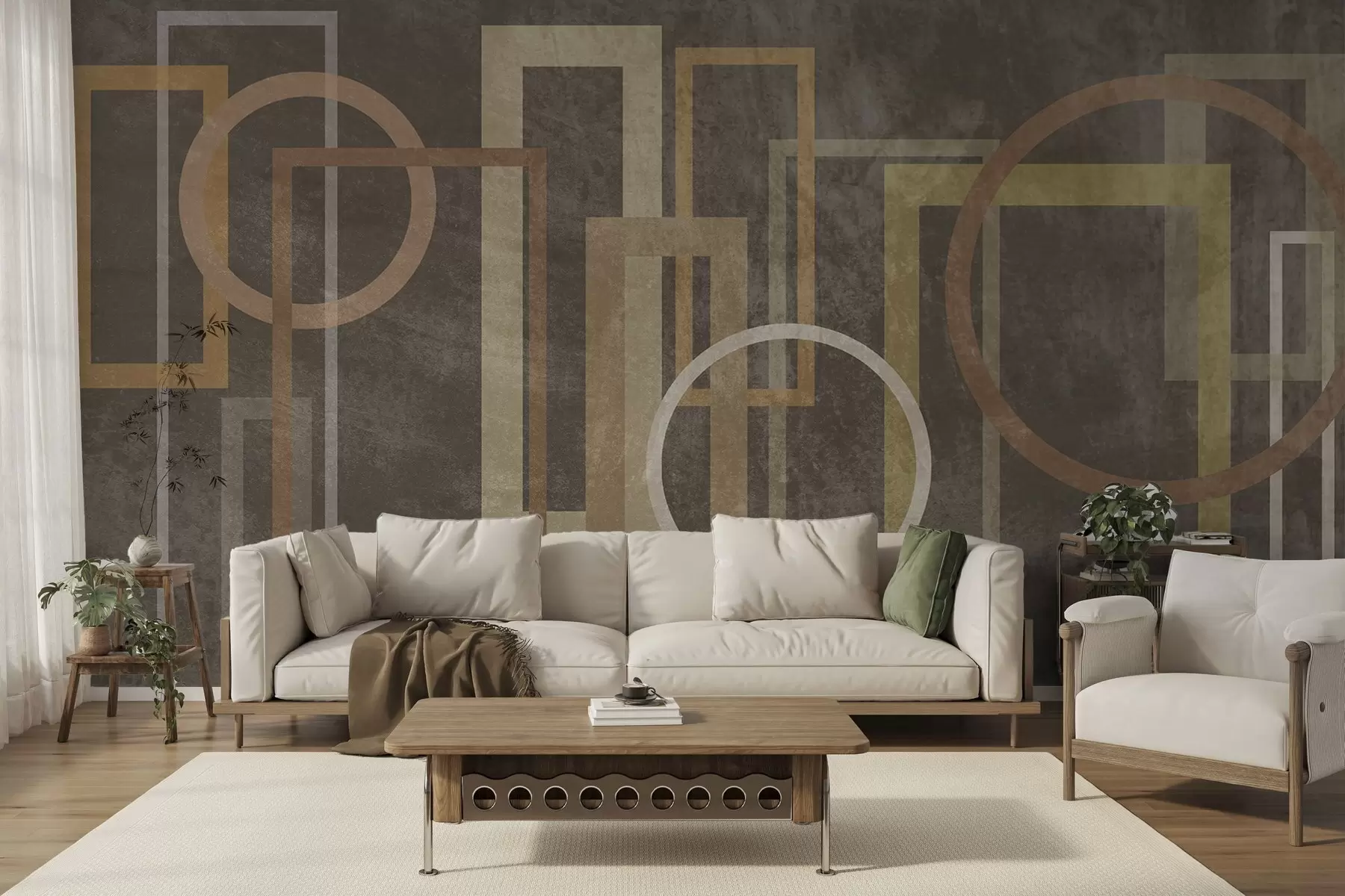 wall murals Геометријски, текстурирани облици, укључујући правоугаонике и кругове, у земљаним тоновима w10031