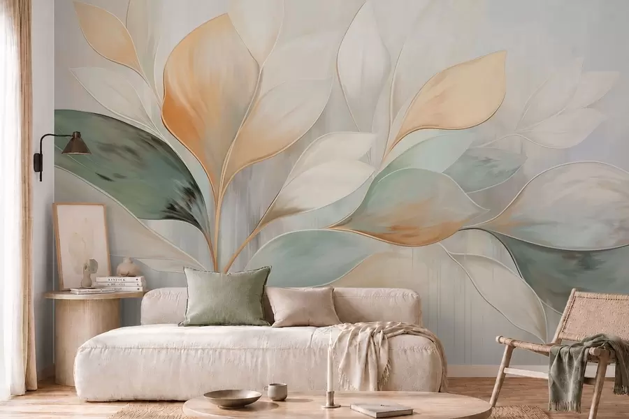 wall murals Апстрактни листови у кремастим, бресквастим и зеленим тоновима w05861