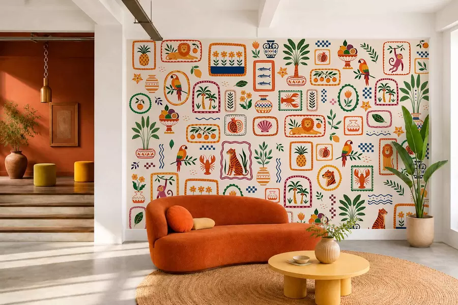 wall murals Шарени узорак са животињама, биљкама и воћем w05885