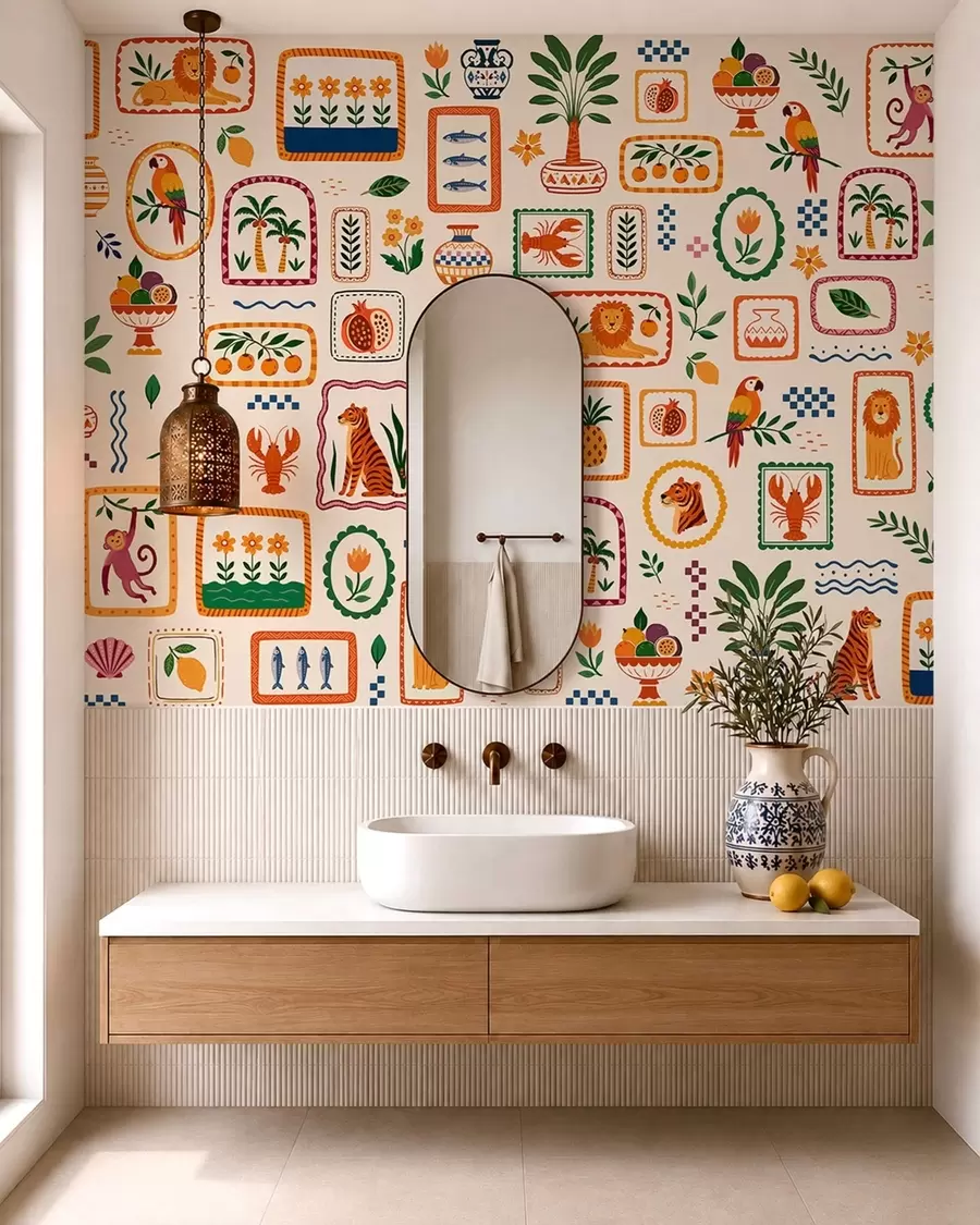 wall murals Шарени узорак са животињама, биљкама и воћем w05885