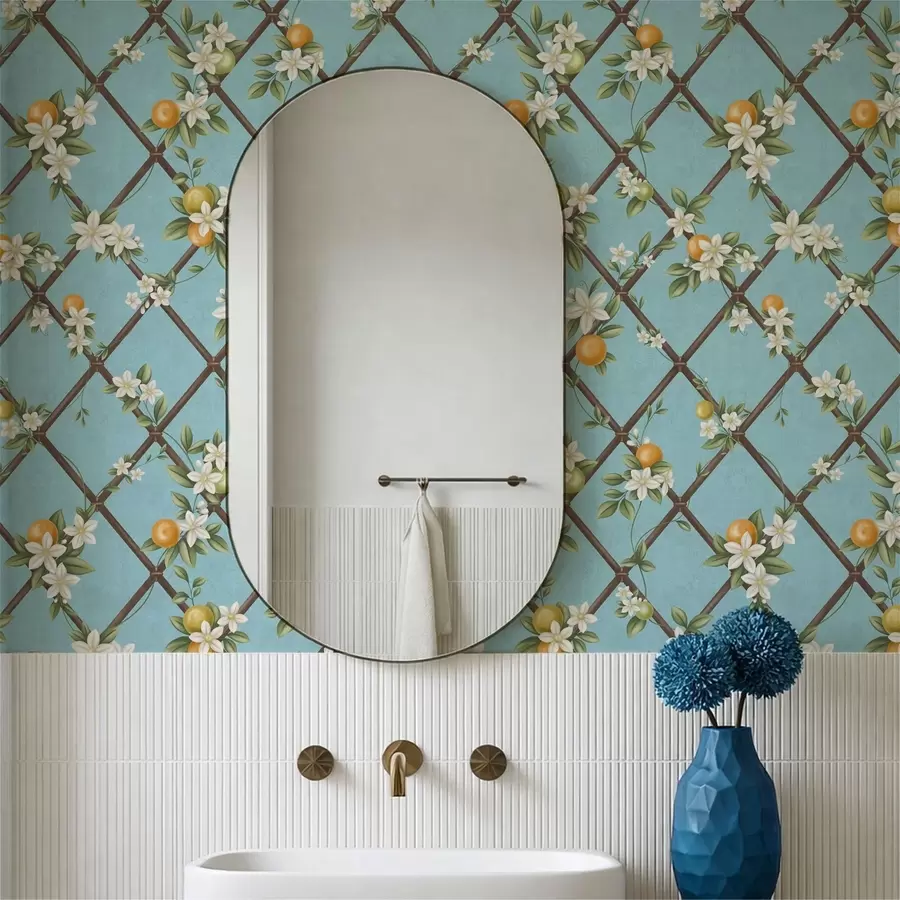 wall murals Цвеће и цитруси на плавој позадини са решетком a01261v3