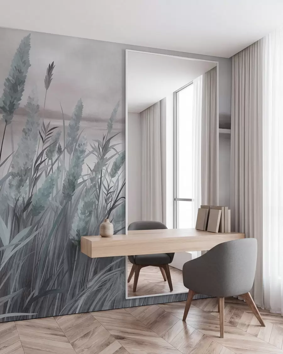 wall murals Висока, сува трава и трска у првом плану, текстурирани пејзаж, пастелне боје w10017v1