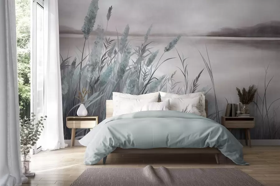 wall murals Висока, сува трава и трска у првом плану, текстурирани пејзаж, пастелне боје w10017v1
