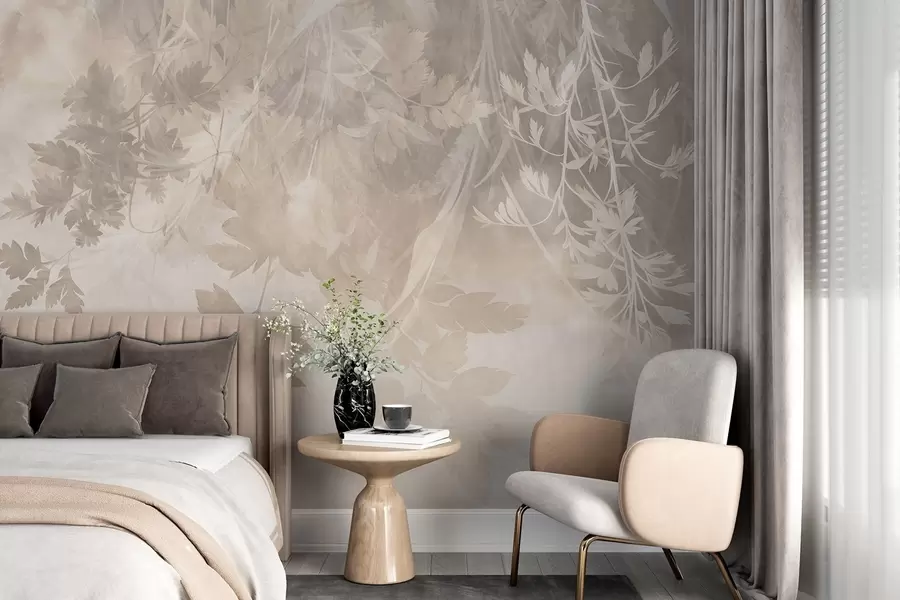 wall murals Текстурирано лишће и гране на мекој, пригушеној беж позадини w10020