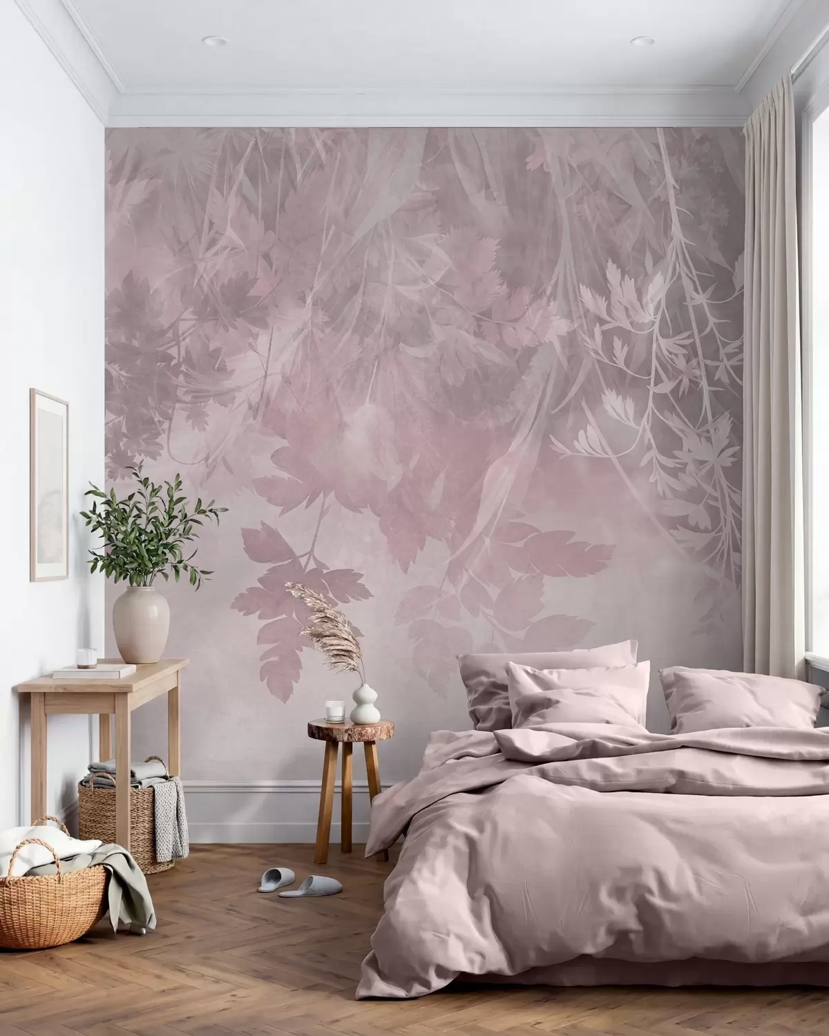 wall murals Текстурирано лишће и гране на мекој, пригушеној ружичастој позадини w10020v1