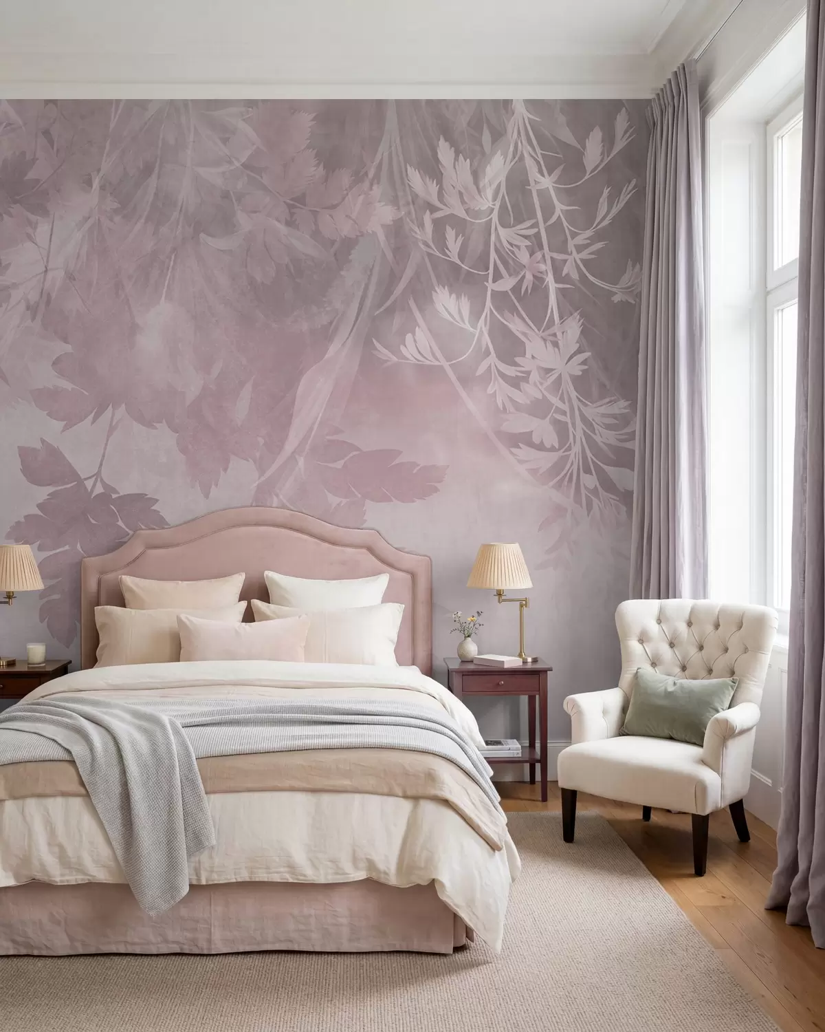 wall murals Текстурирано лишће и гране на мекој, пригушеној ружичастој позадини w10020v1