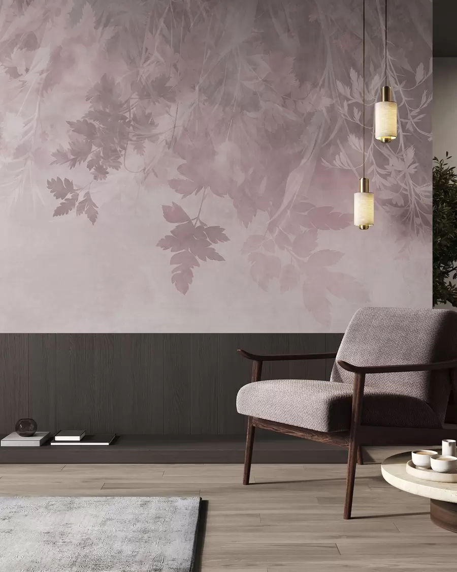 wall murals Текстурирано лишће и гране на мекој, пригушеној ружичастој позадини w10020v1