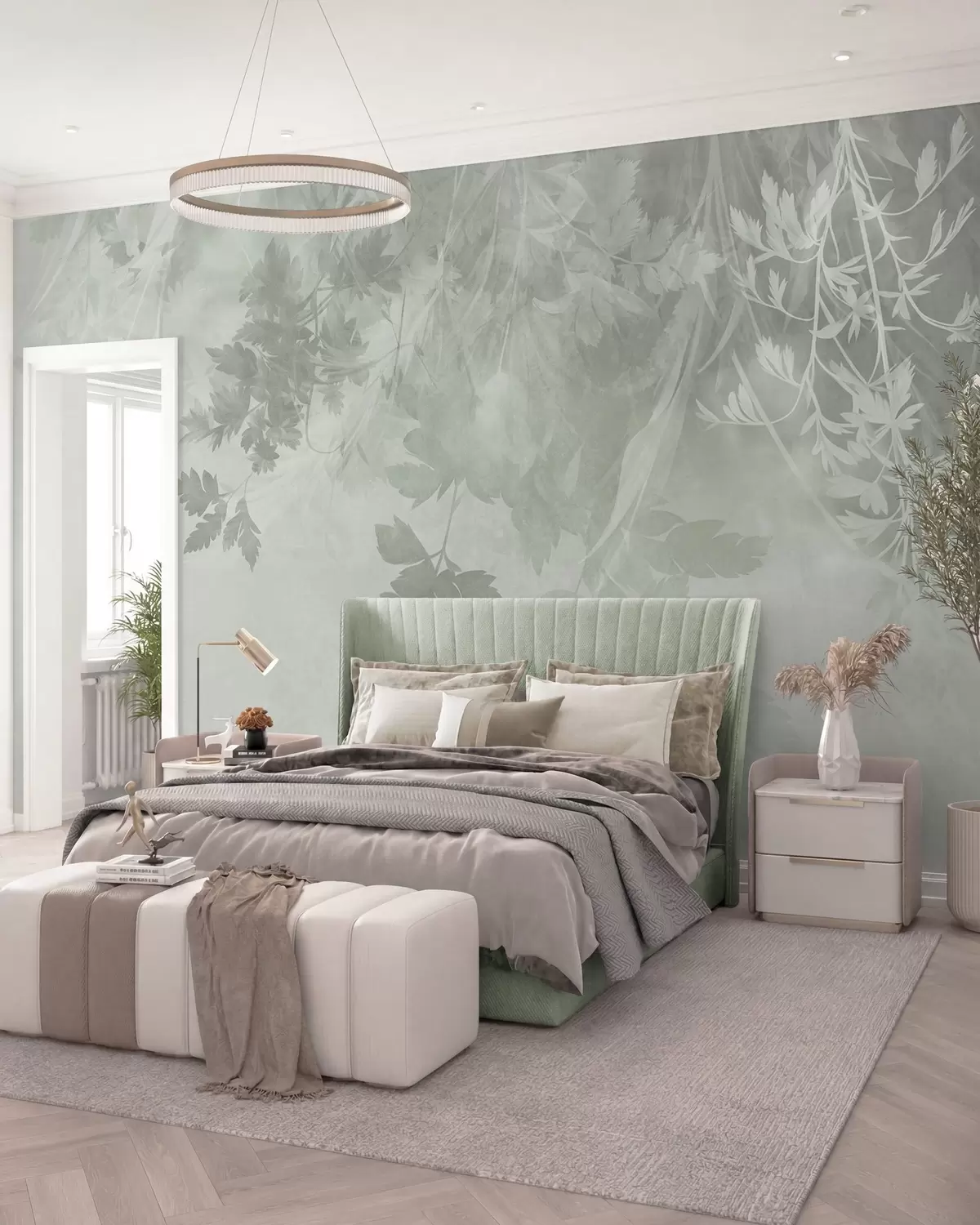wall murals Текстурирано лишће и гране на мекој, пригушеној зеленој позадини w10020v2