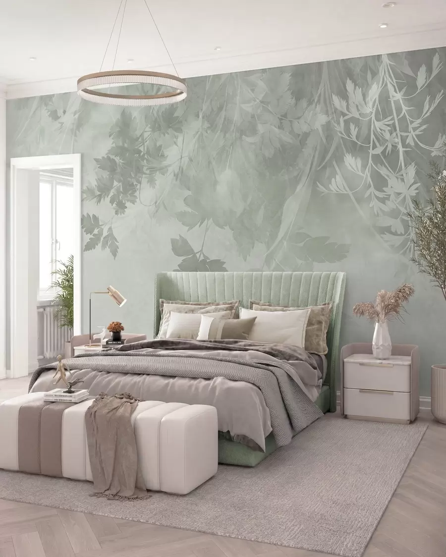wall murals Текстурирано лишће и гране на мекој, пригушеној зеленој позадини w10020v2