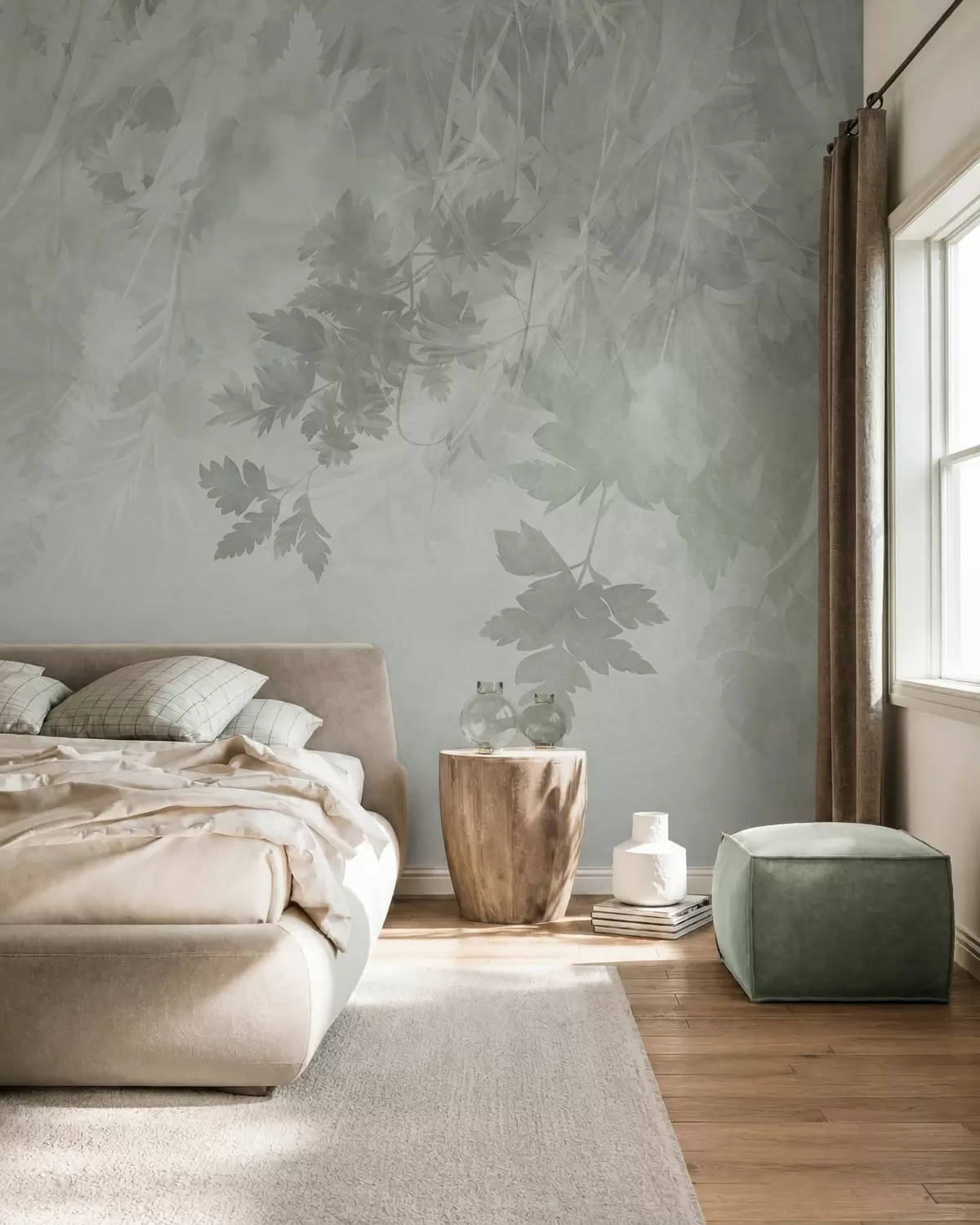 wall murals Текстурирано лишће и гране на мекој, пригушеној зеленој позадини w10020v2