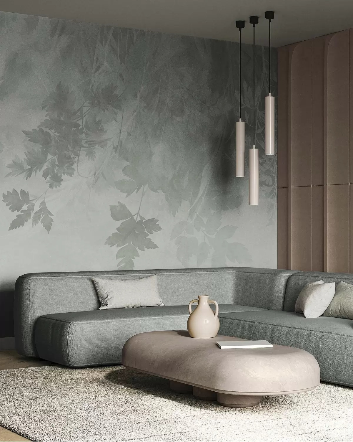 wall murals Текстурирано лишће и гране на мекој, пригушеној зеленој позадини w10020v2