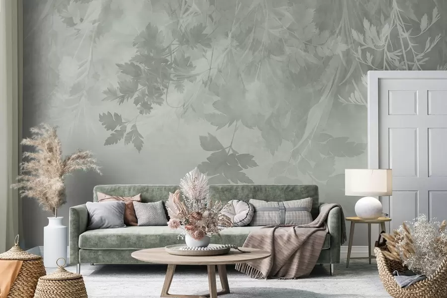 wall murals Текстурирано лишће и гране на мекој, пригушеној зеленој позадини w10020v2