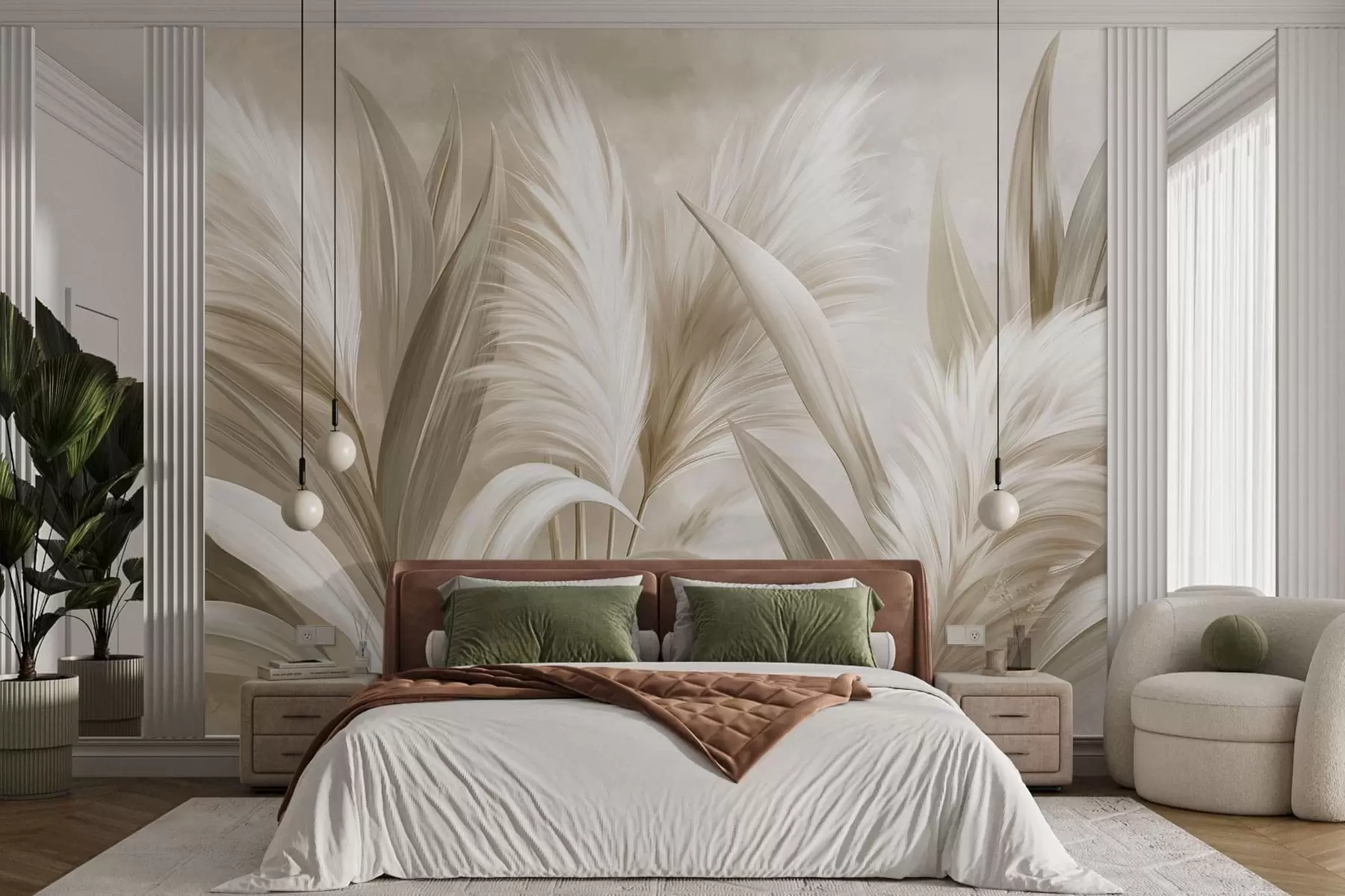 wall murals Бледо декоративно лишће и пернати цветови w05863