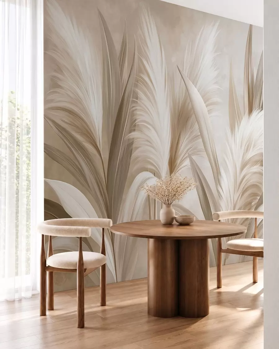 wall murals Бледо декоративно лишће и пернати цветови w05863