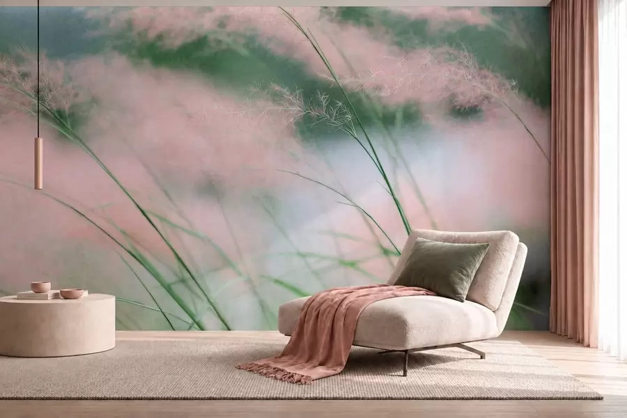 wall murals Нежне ружичасте траве на мекој зеленој позадини w05886