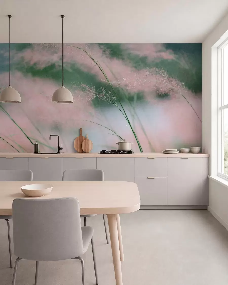 wall murals Нежне ружичасте траве на мекој зеленој позадини w05886