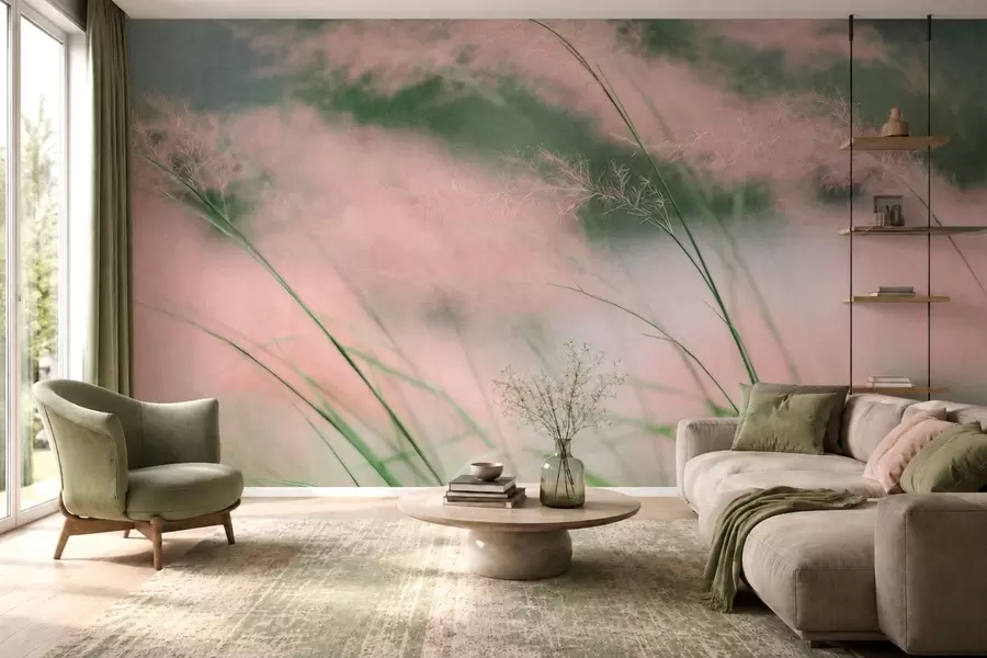 wall murals Нежне ружичасте траве на мекој зеленој позадини w05886v1