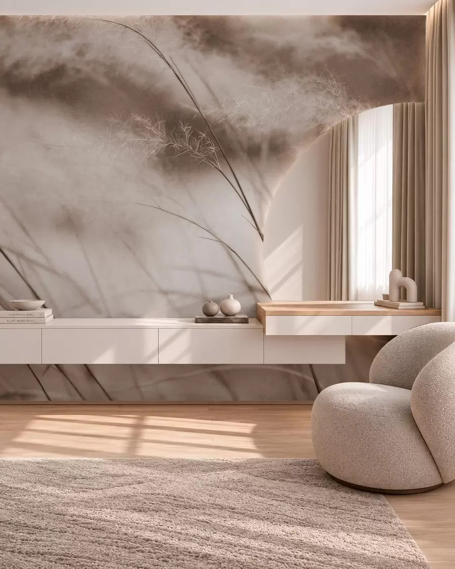 wall murals Витке траве и пернати цветови у беж тоновима w05886v2
