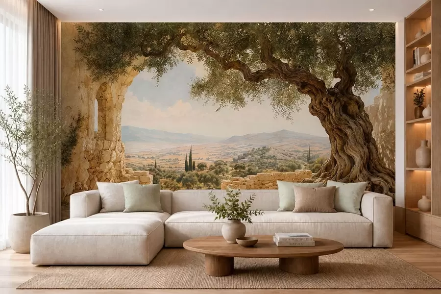 wall murals Древно маслиново дрво међу каменим рушевинама и брдима w05896
