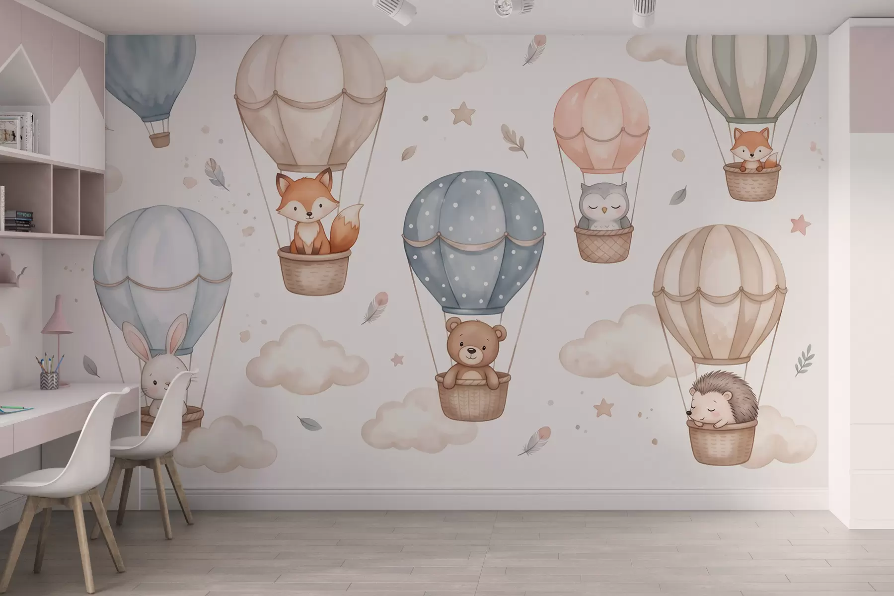 wall murals Шумске животиње у балонима на врући ваздух, акварел стил, пастелна палета w10001