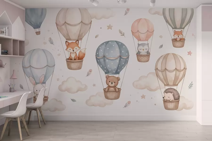 wall murals Шумске животиње у балонима на врући ваздух, акварел стил, пастелна палета w10001