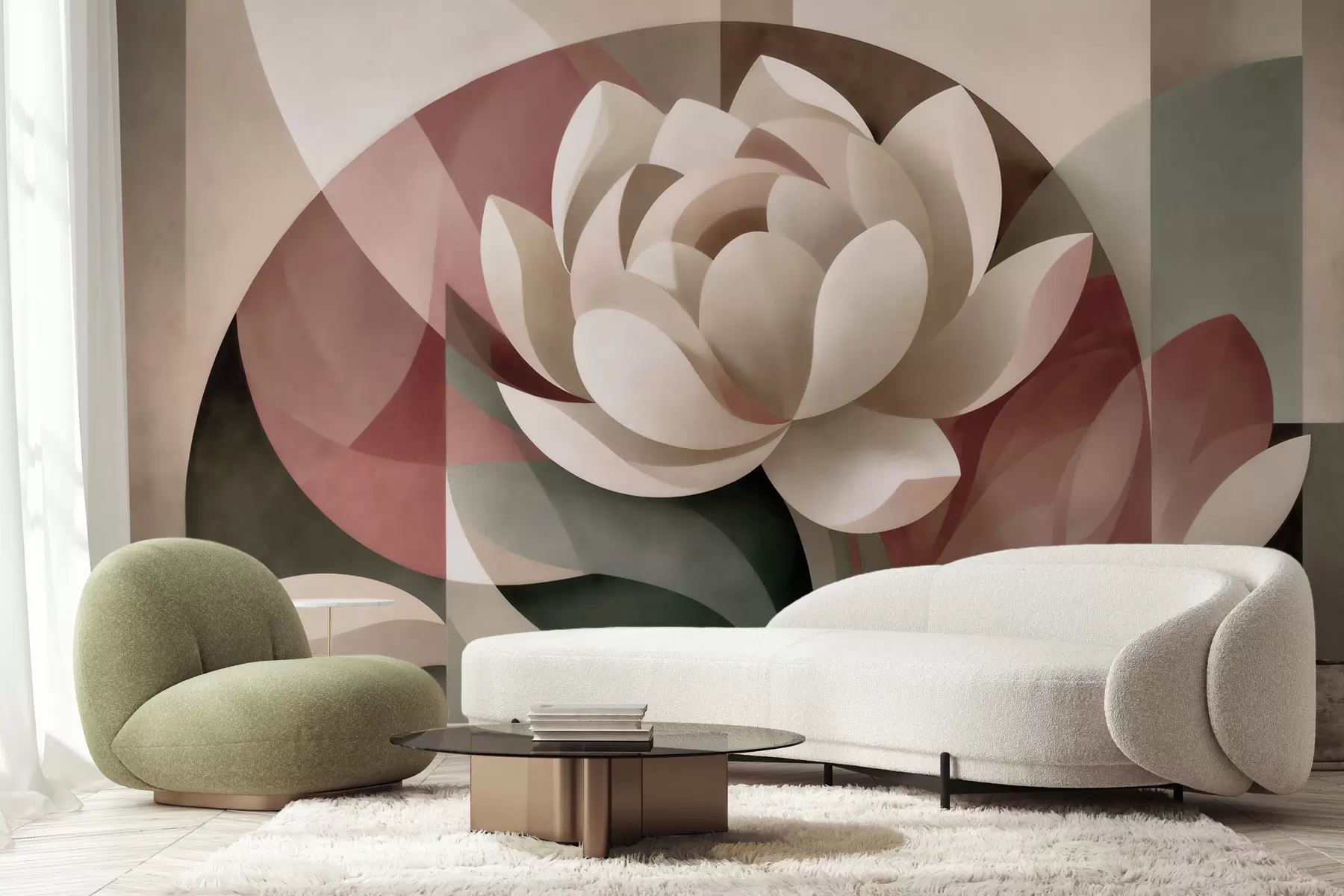 wall murals Велики апстрактни цвет у фасетизованој геометријској техници, пригушена палета прашкасто-смарагдних нијанси w10035