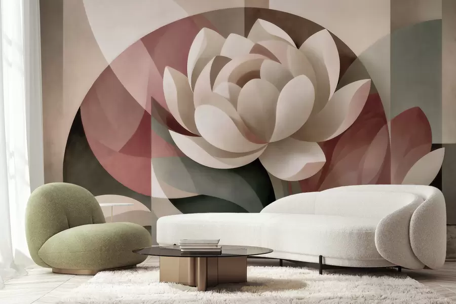 wall murals Велики апстрактни цвет у фасетизованој геометријској техници, пригушена палета прашкасто-смарагдних нијанси w10035