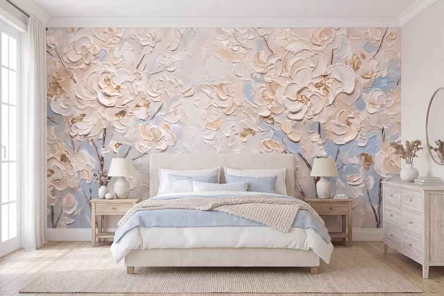 wall murals Обилни бели цветови на дрвећу, имитација уљане слике w10039