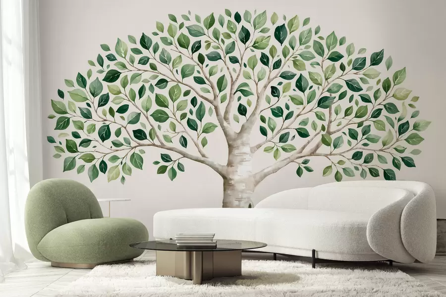 wall murals Дрво са зеленим лишћем, акварел стил, минималистички w10046