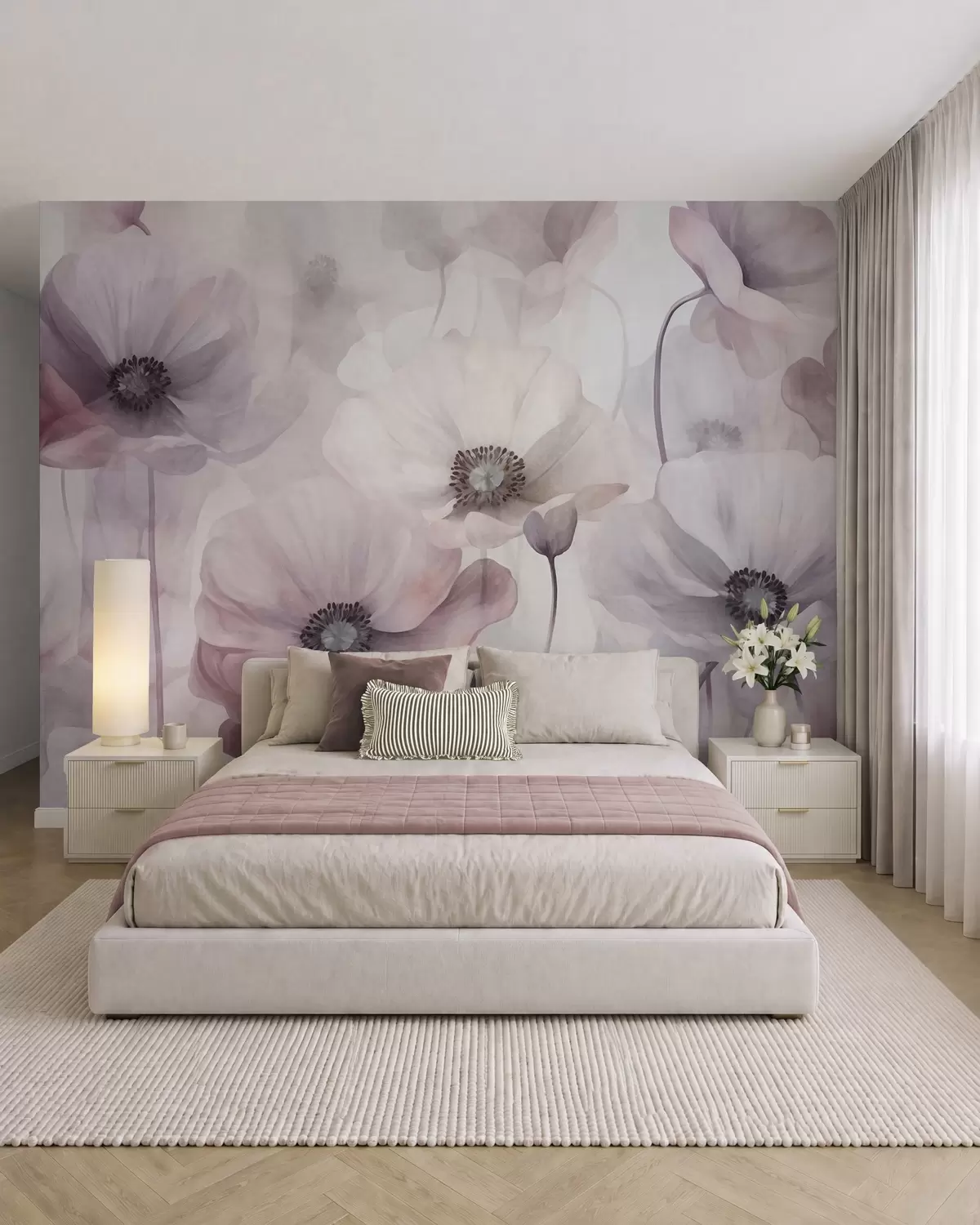 wall murals Бледо ружичасти и бели макови са нежним латицама w10029v1