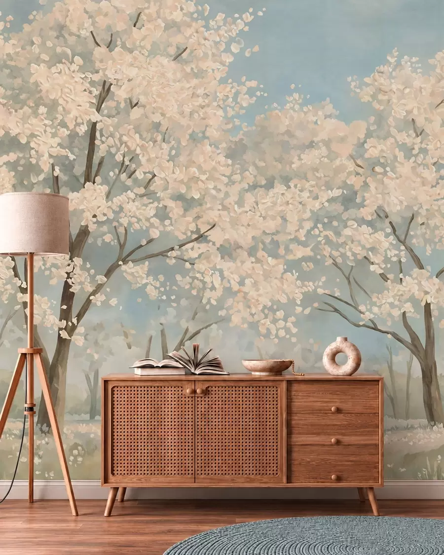 wall murals Цветајуће бледо дрвеће под меким плавим небом w05897v1