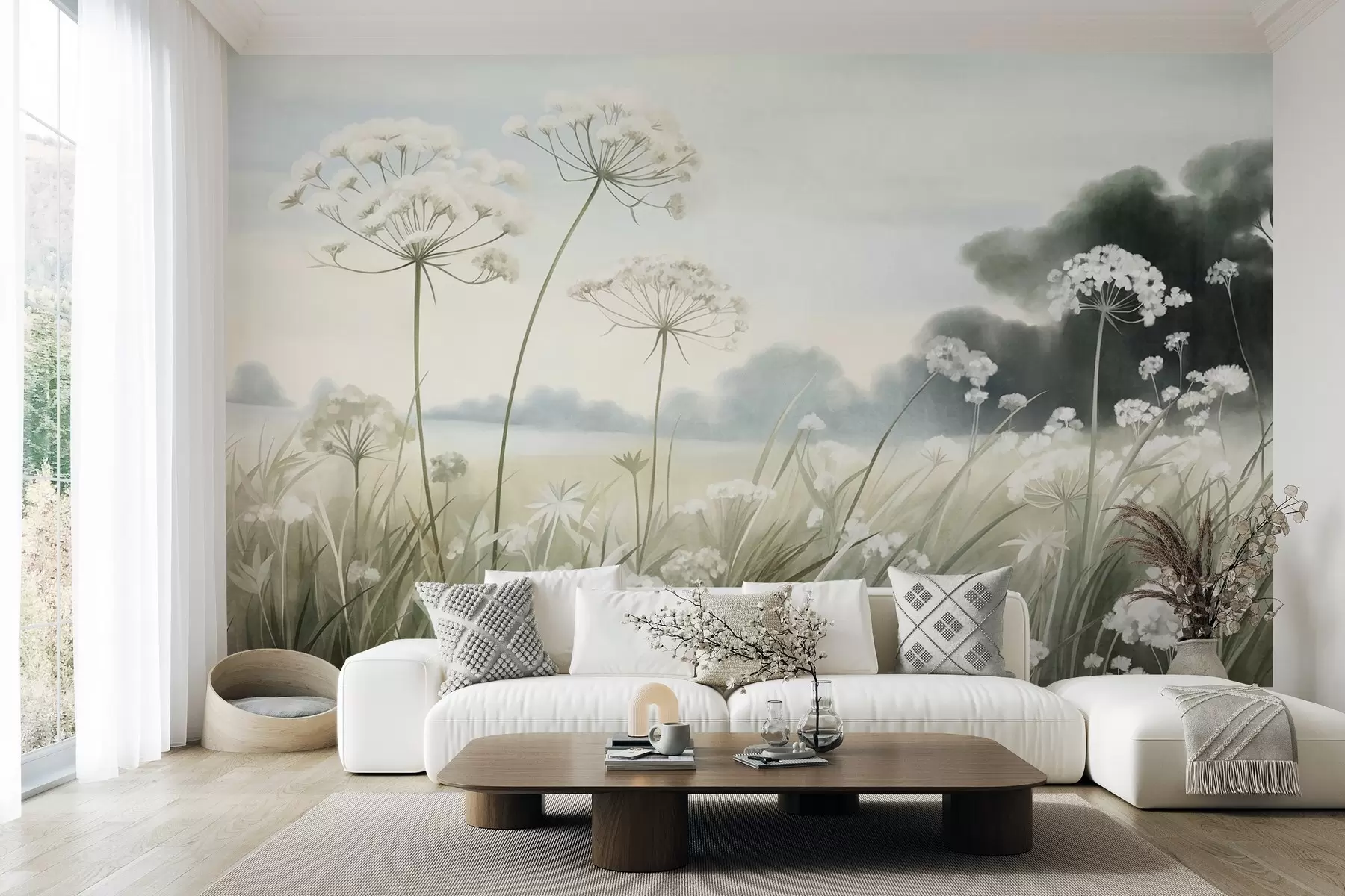 wall murals Пејзаж са дивљим цвећем и високим травама у пољу, пригушене боје, текстуриран w10032