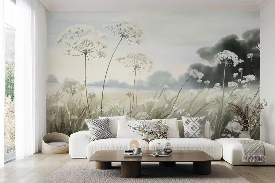 wall murals Пејзаж са дивљим цвећем и високим травама у пољу, пригушене боје, текстуриран w10032