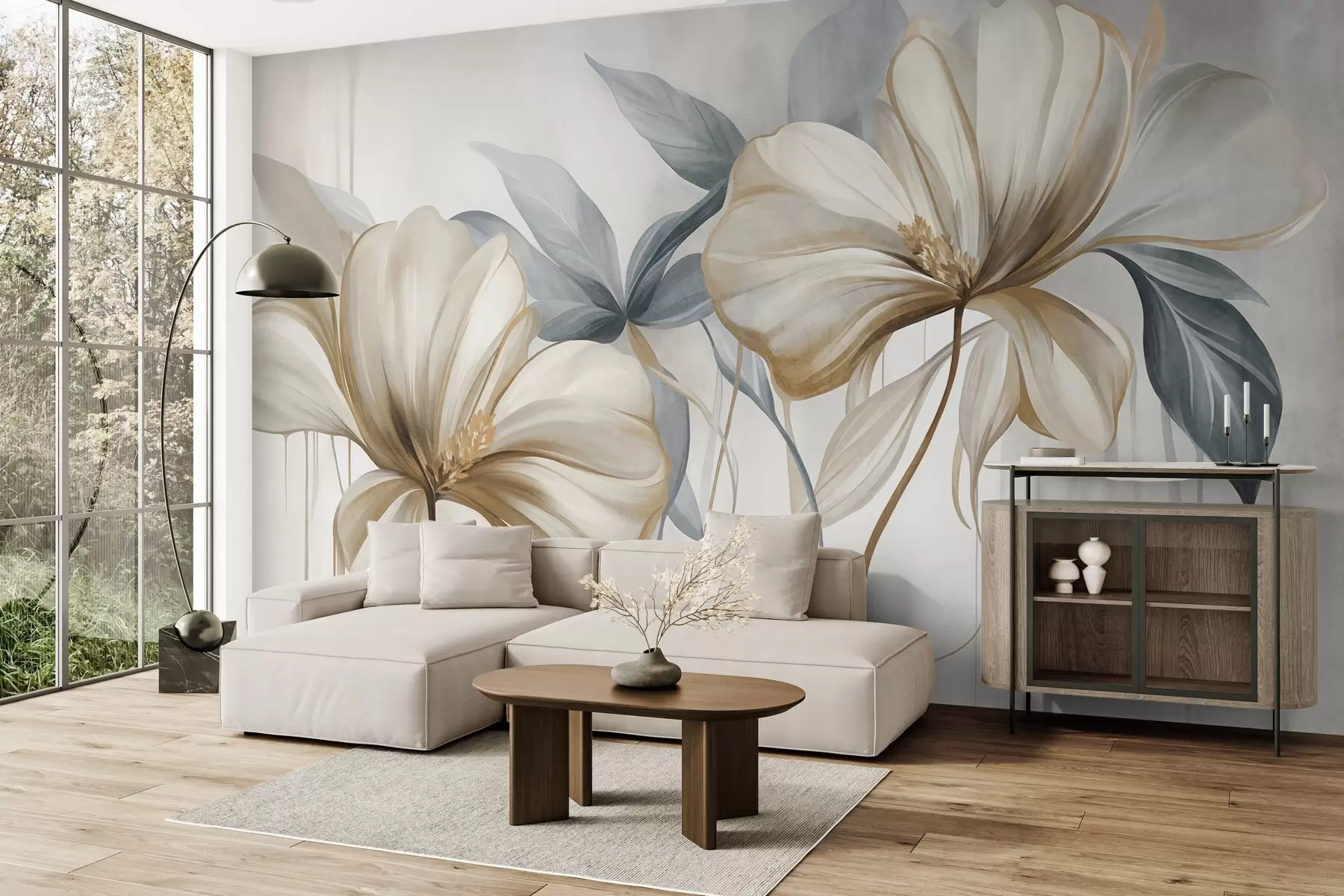 wall murals Апстрактни нежни цветови са танким, смеђим стабљикама и пригушеним плавим листовима, текстурирани w10058