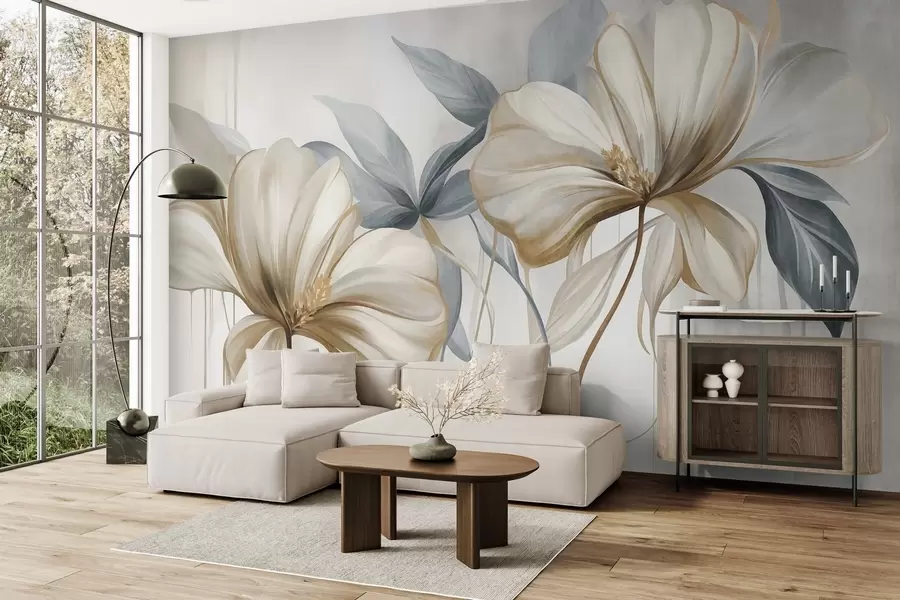 wall murals Апстрактни нежни цветови са танким, смеђим стабљикама и пригушеним плавим листовима, текстурирани w10058
