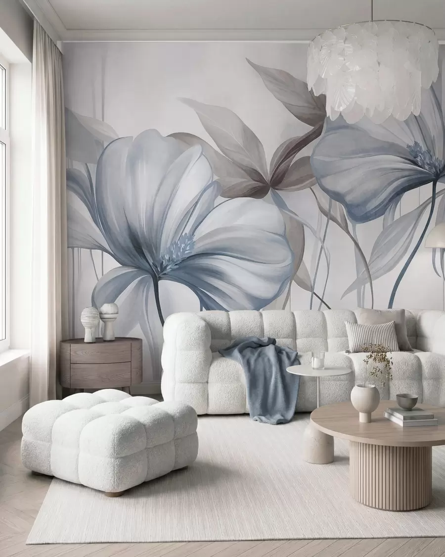 wall murals Апстрактни нежни цветови са танким, плавим стабљикама и пригушеним листовима, текстурирани w10058v1