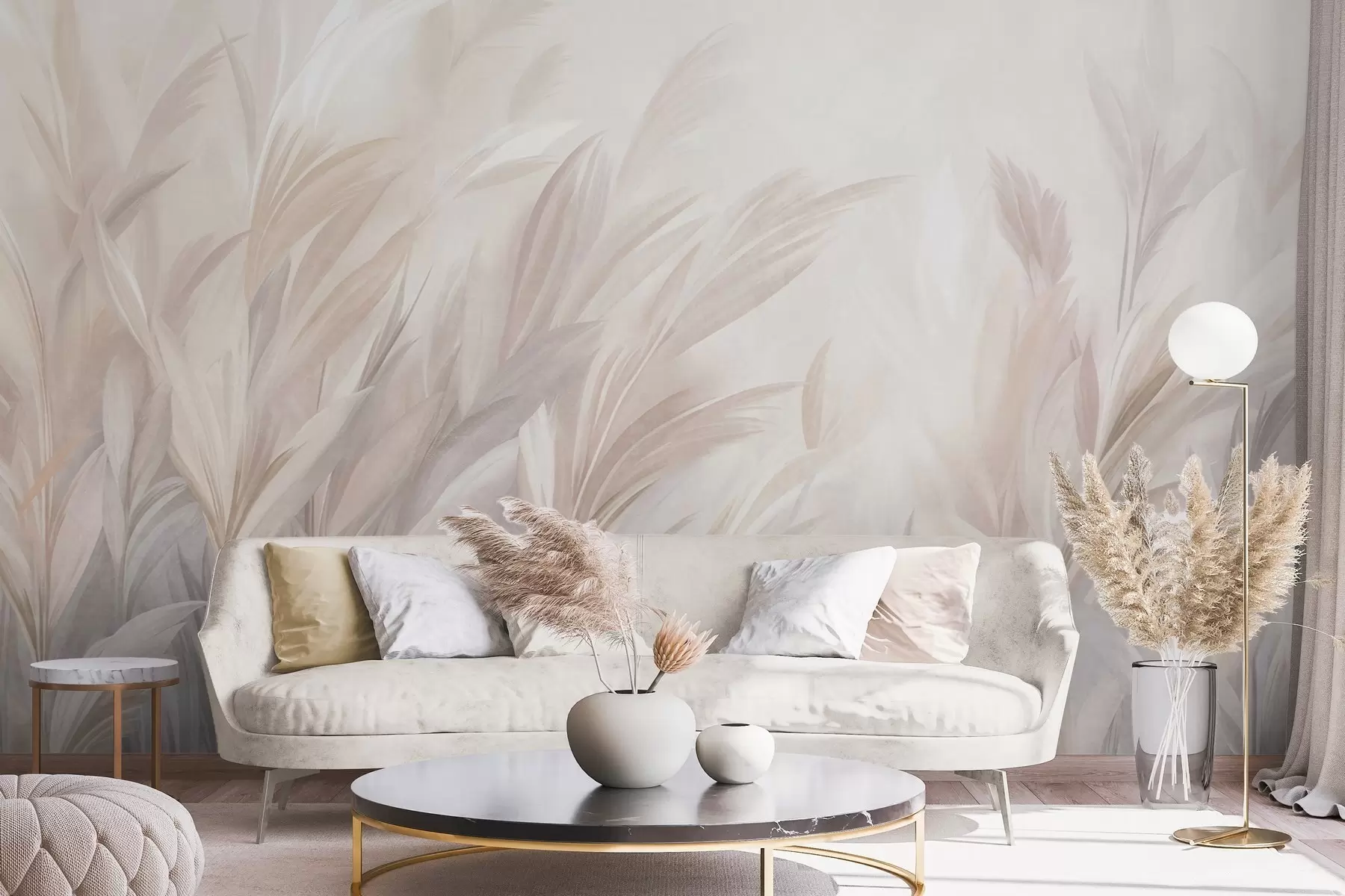 wall murals Висока, перната трава у меким пастелним бојама, са светлом текстурираном позадином w10060