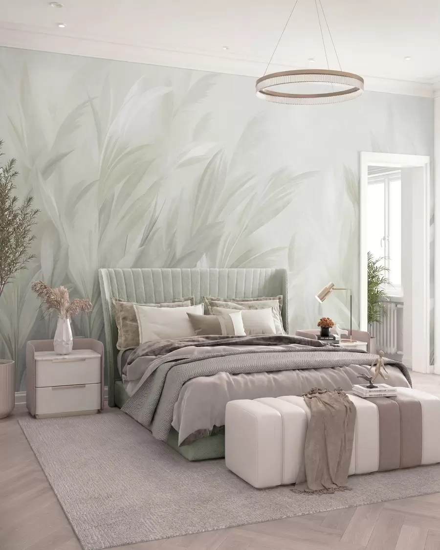 wall murals Висока, перната трава у меким пастелно зеленим бојама, са светлом текстурираном позадином w10060v1